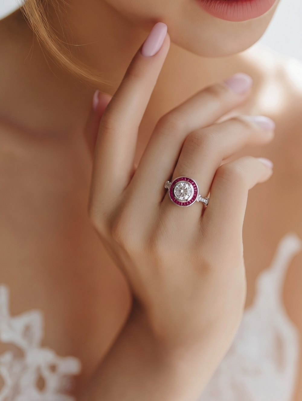 Art Deco White Sapphire and Ruby Ring in Sterling Silver - Picture 2 of 9